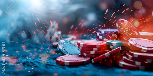 Dynamic photo of red poker chips being thrown up in the air at a casino. Concept Casino, Poker Chips, Dynamic Motion, Red, Gambling photo