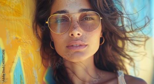 Woman in Sunglasses Leaning Against Yellow Wall