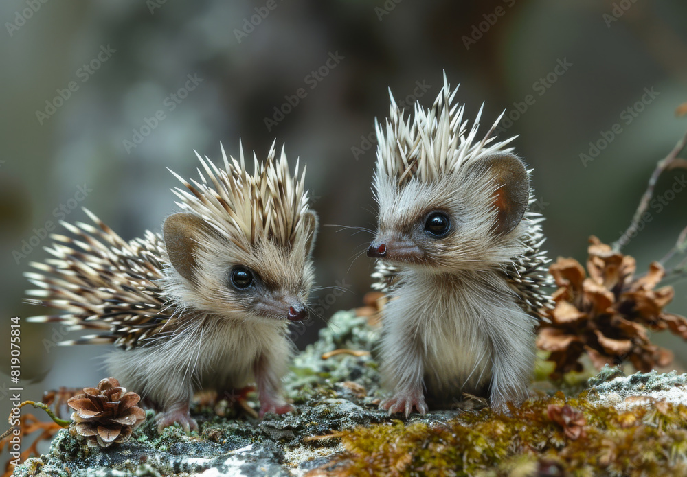 Two young hedgehogs are standing on stone in the forest. Two young hedgehogs are standing on stone in the forest.