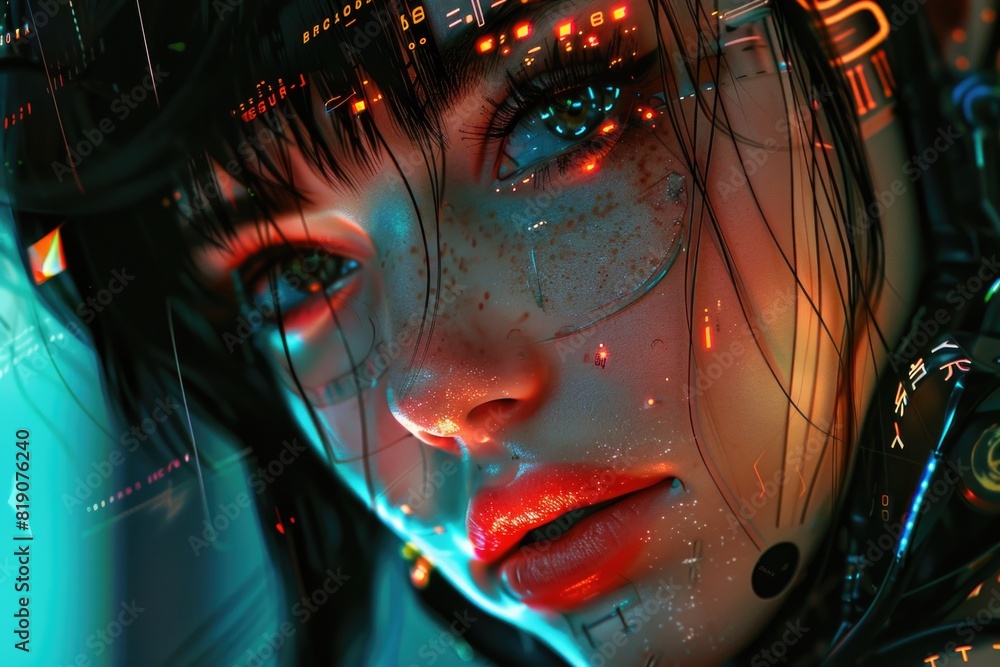 A close-up of a woman's face with glowing eyes. Ideal for Halloween-themed designs A close-up of a woman's face with glowing eyes. Ideal for Halloween-themed designs