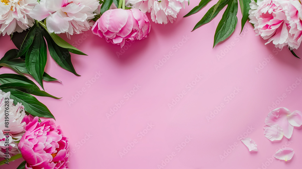 Pink peonies and leaves on a pink background with space for text Pink peonies and leaves on a pink background with space for text