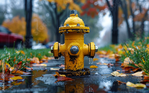 Yellow fire hydrant standing in the street with fallen leaves and grass in the background