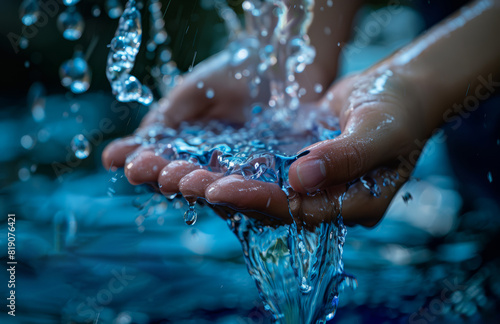 Water pouring from the hands. Water is the most precious natural resource