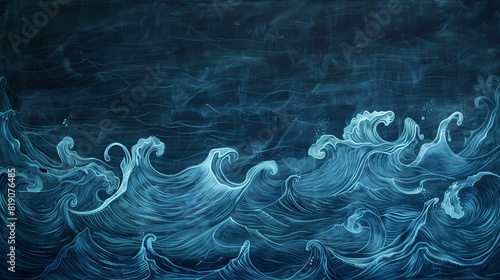 Indigo Ocean Waves Chalk Drawing, Discussing Marine Biology on a School Blackboard photo