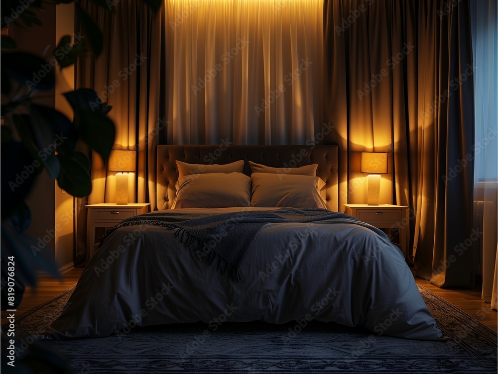 A dark bedroom with soft lighting, featuring an elegant bed and two nightstands on either side of the headboard,Generative AI illustration. A dark bedroom with soft lighting, featuring an elegant bed and two nightstands on either side of the headboard,Generative AI illustration.