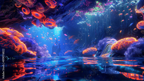 Psychedelic ocean scene with glowing sea creatures and vibrant corals, creating an ethereal underwater world
