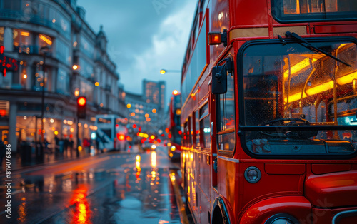 Double-decker red bus on rainy night in London UK