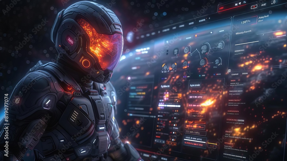 A futuristic astronaut in a spacesuit with a visor that has a red glow. The astronaut is standing in front of a large screen with a lot of data and information. A futuristic astronaut in a spacesuit with a visor that has a red glow. The astronaut is standing in front of a large screen with a lot of data and information.