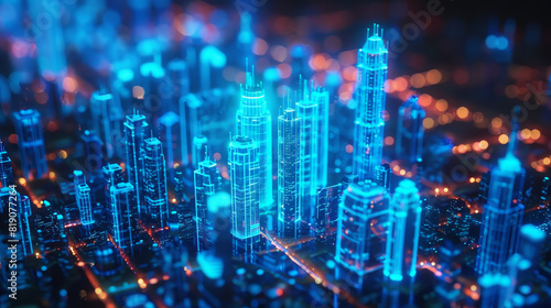 Holographic city model with blue-lit transparent skyscrapers, representing futuristic urban planning