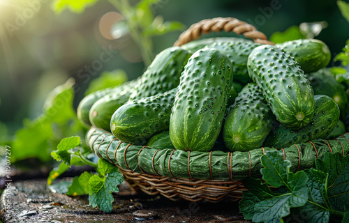 Fresh cucumbers in basket on wooden table in the garden