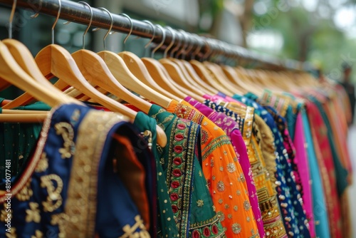 Row of Colorful Indian Sarees on Wooden Rack