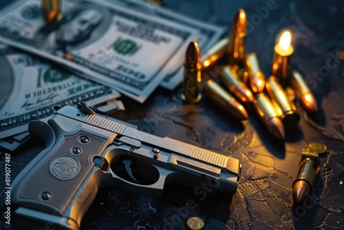 A gun and money placed on a table, suitable for crime or financial themes