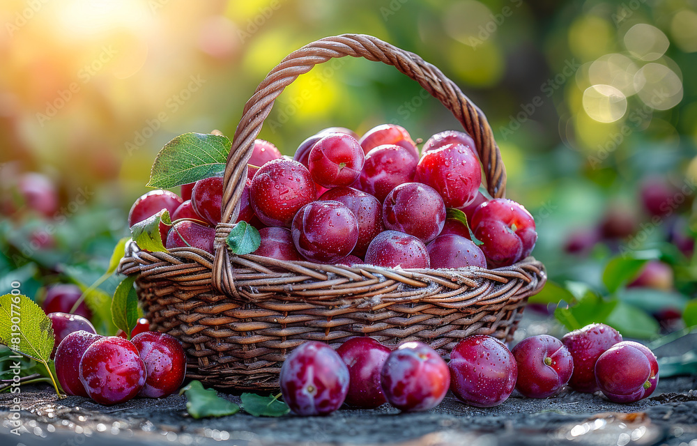 Fresh plums in basket. A basket full of fresh plums in the garden Fresh plums in basket. A basket full of fresh plums in the garden