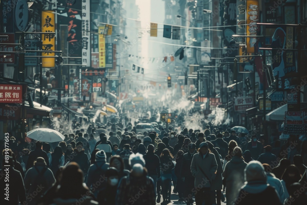 Obraz premium A crowd of people walking down a city street. Suitable for urban lifestyle concepts