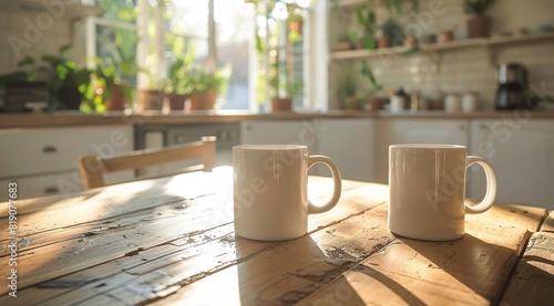 Two Mugs on a Wooden Table in a Kitchen