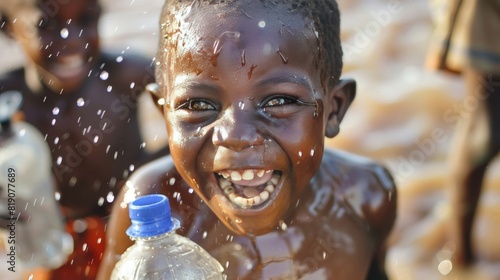 Extremely happy African boy with water bottle in hand photo