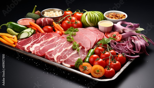 A tray of meat and vegetables is displayed on a table
