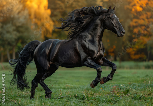 Black horse runs on the trees background in autumn