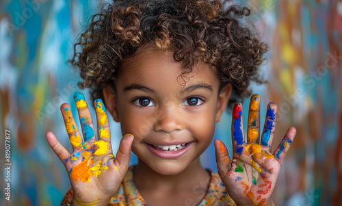 Young child holds up their hands covered in paint.