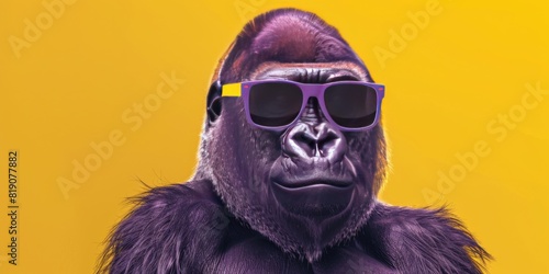 Fabulous big purple boss gorilla with tinted sunglasses on a yellow background.