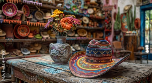 Vibrant Mexican Shop With Colorful Pottery and Hat