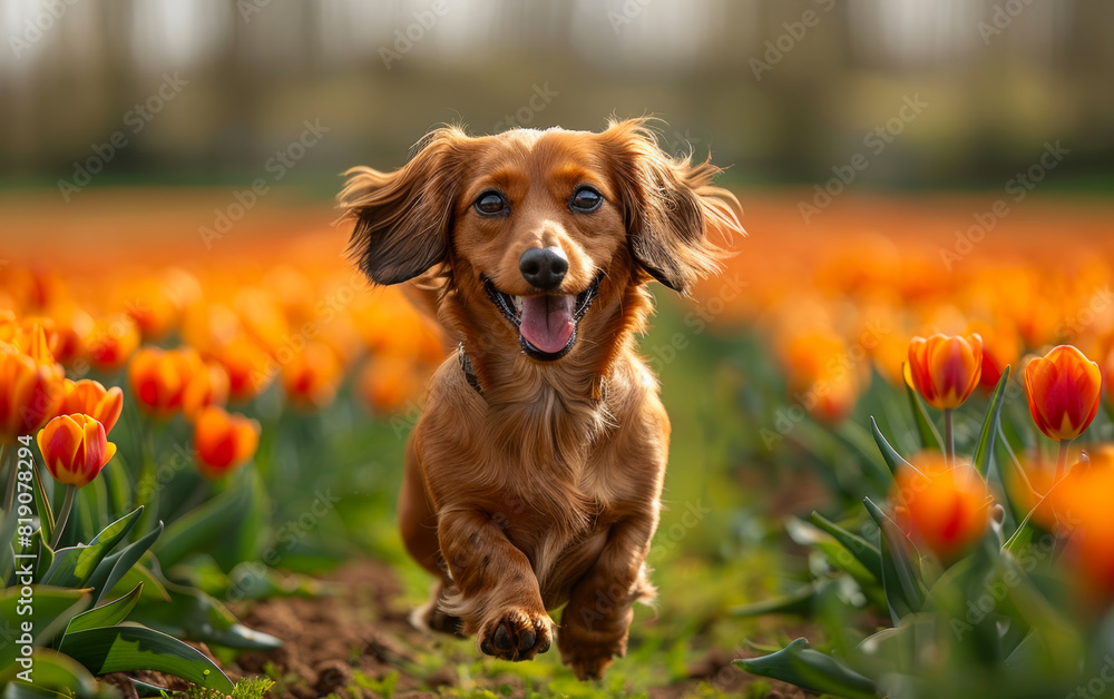 Dachshund running in field of tulips. A cute dachshund puppy running through a tulip field Dachshund running in field of tulips. A cute dachshund puppy running through a tulip field