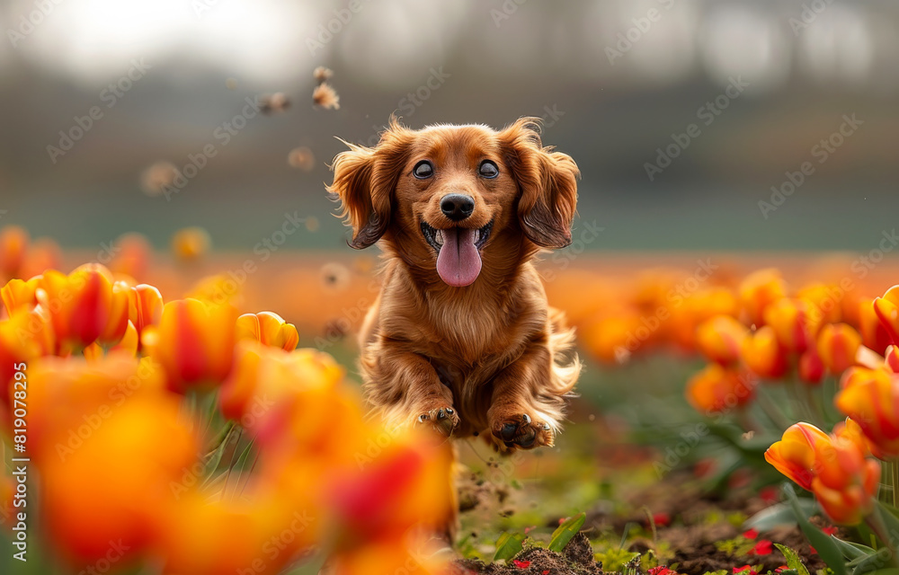 Long haired dachshund running in field of tulips Long haired dachshund running in field of tulips