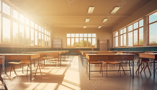 A classroom with a lot of empty chairs and tables