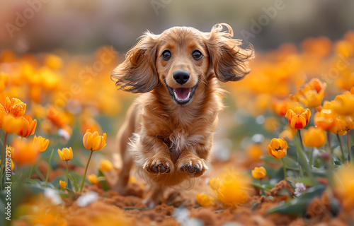 Long haired dachshund running in field of flowers photo