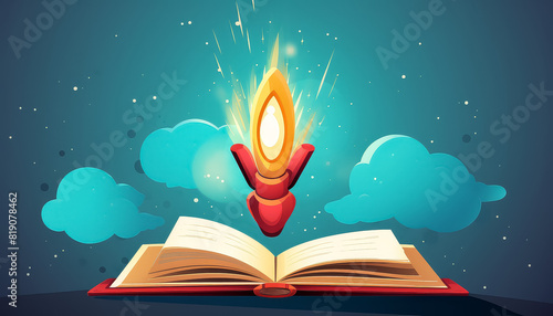A rocket is launching from a book  with the book open to the middle of the page