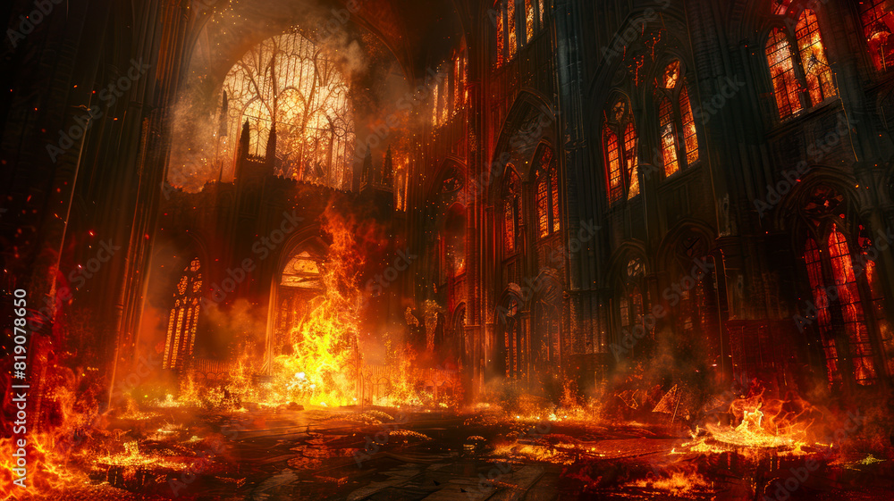 Exterior of burning cathedral, hellish nightmare scene