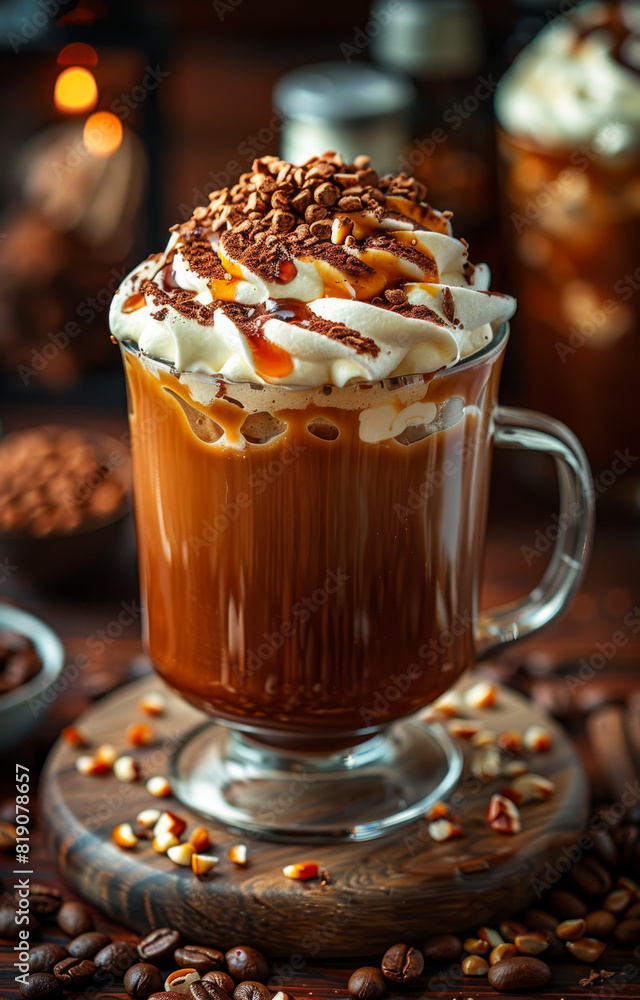 Caramel coffee with whipped cream chocolate sauce and salted caramel in glass Caramel coffee with whipped cream chocolate sauce and salted caramel in glass