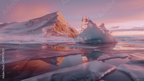 Rose Gold Reflections on a Mirror-Like Ice Lake Under Evening Polar Light