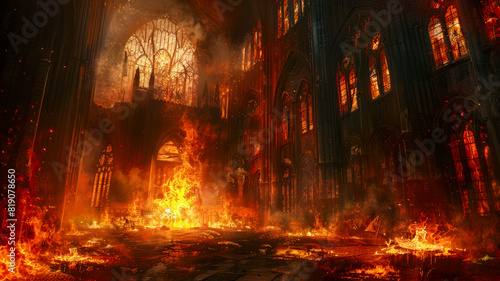 Exterior of burning cathedral, hellish nightmare scene