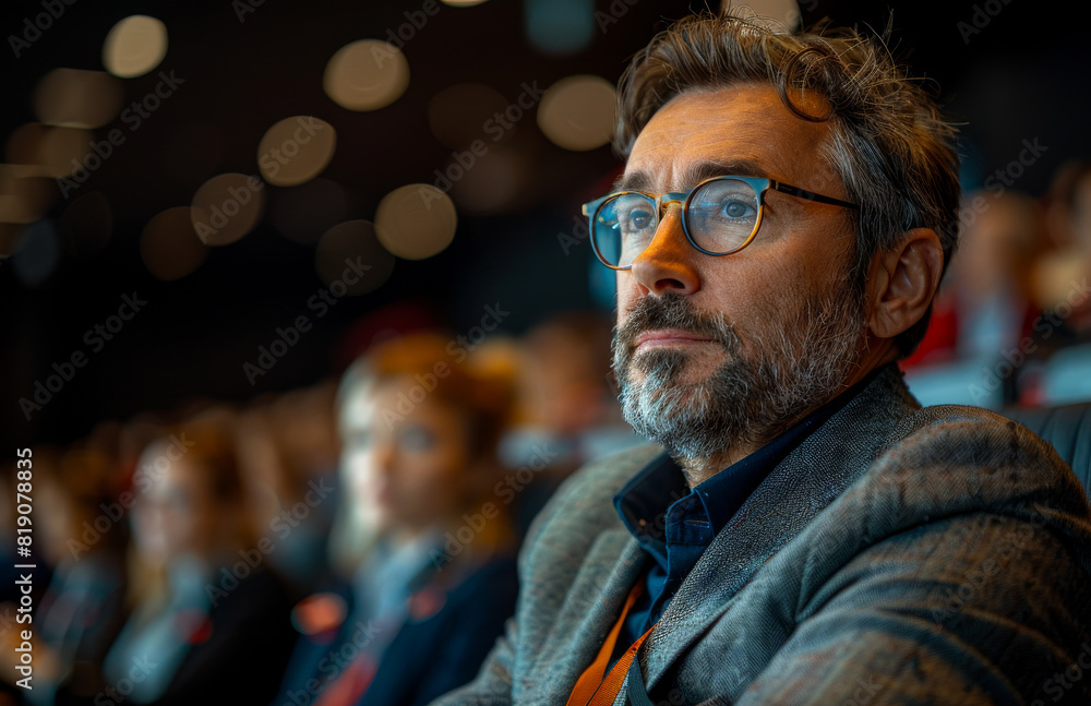 Mature man sitting in auditorium and watching presentation Mature man sitting in auditorium and watching presentation