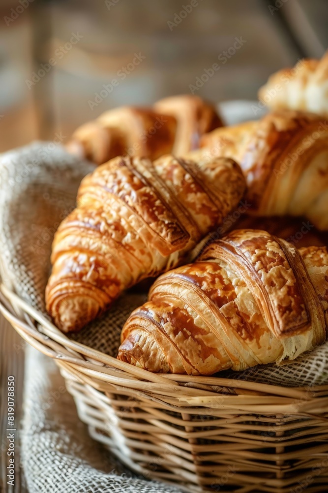 A basket of croissants sits on a table A basket of croissants sits on a table