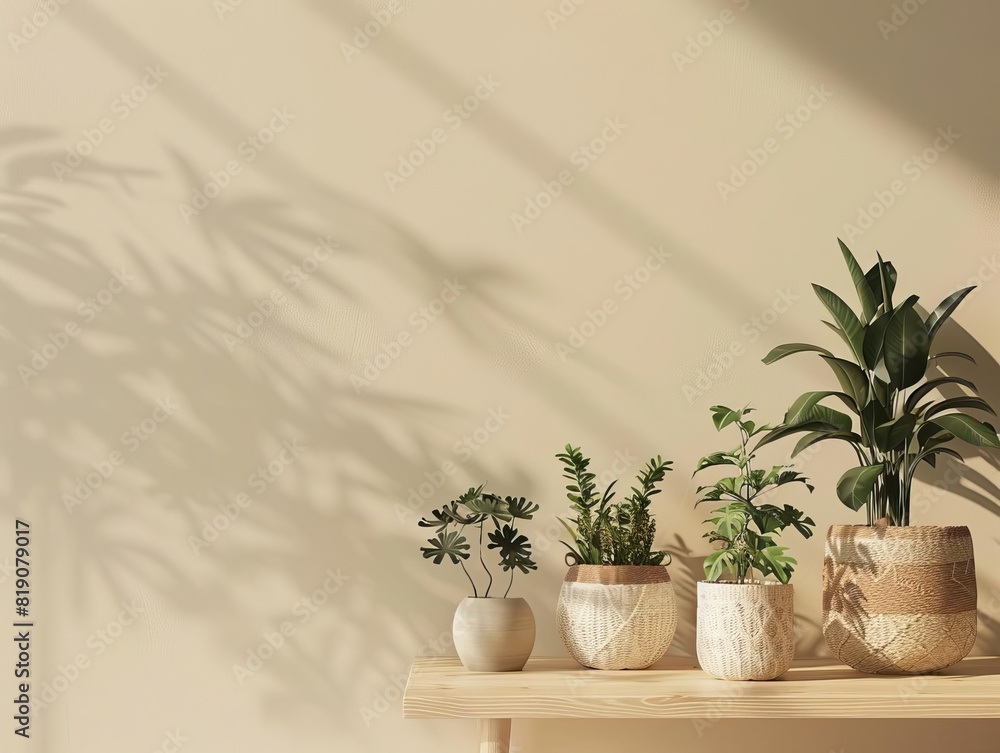 Several potted plants on a shelf against a beige wall with shadows of leaves on the wall. Several potted plants on a shelf against a beige wall with shadows of leaves on the wall.