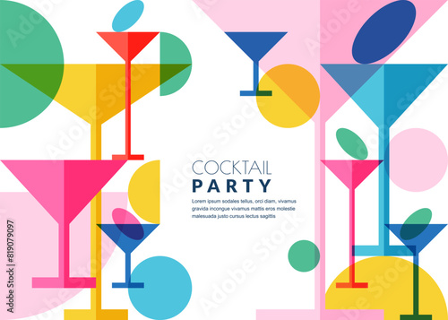 Cocktail party abstract color block geometric white background. Vector flat multicolor margarita drinking glasses illustration. Banner, poster, flyer, bar alcohol list menu design elements