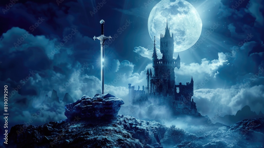 Fantasy background with a sword in a stone with light rays on the background of the moon and the castle Fantasy background with a sword in a stone with light rays on the background of the moon and the castle