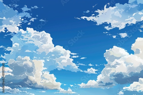 A serene painting of a clear blue sky with fluffy white clouds. Ideal for backgrounds or nature-themed designs