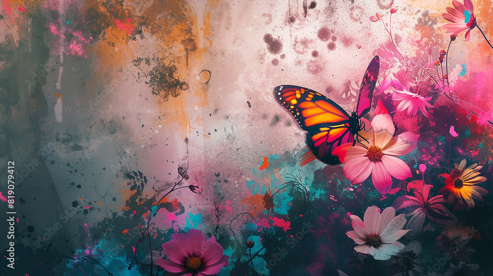 Obraz premium Neon Color Abstract grunge illustration with flowers and butterfly AI Generated