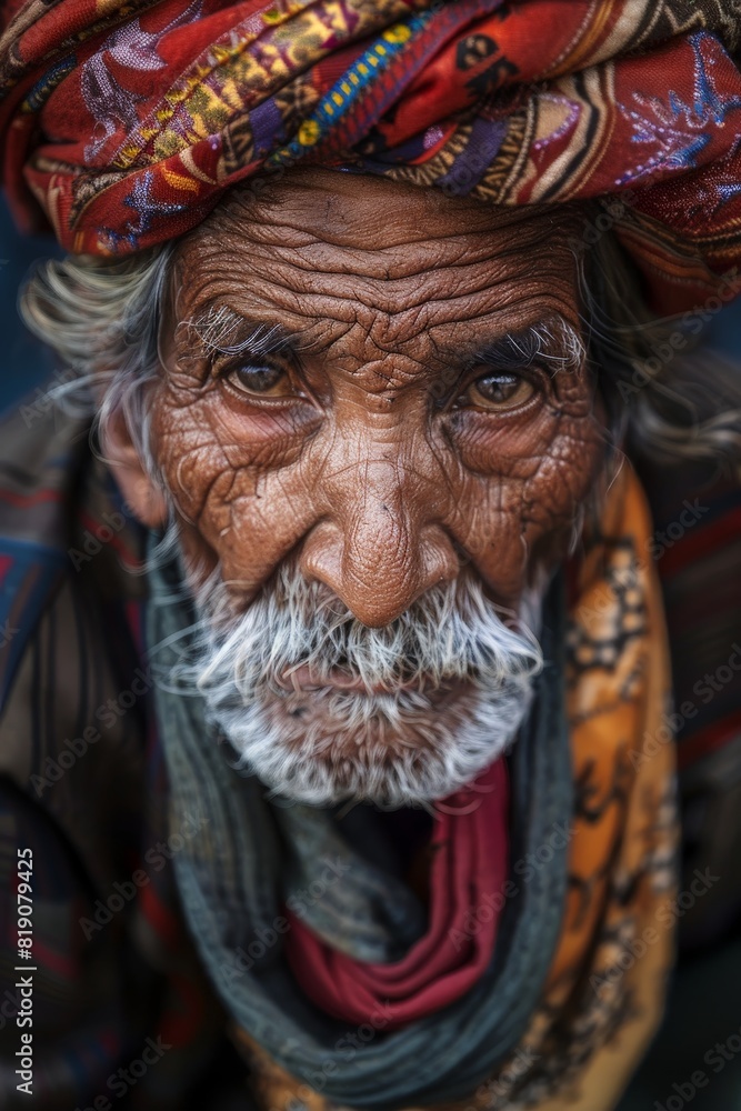 A man with a turban and beard is looking at the camera A man with a turban and beard is looking at the camera