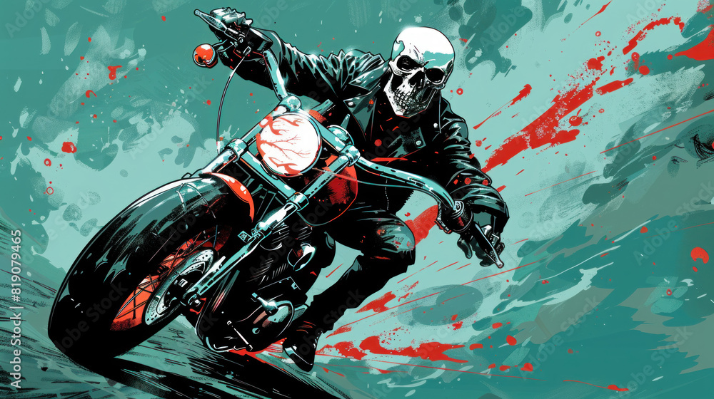 Fototapeta premium Skeleton biker riding his motorcycle