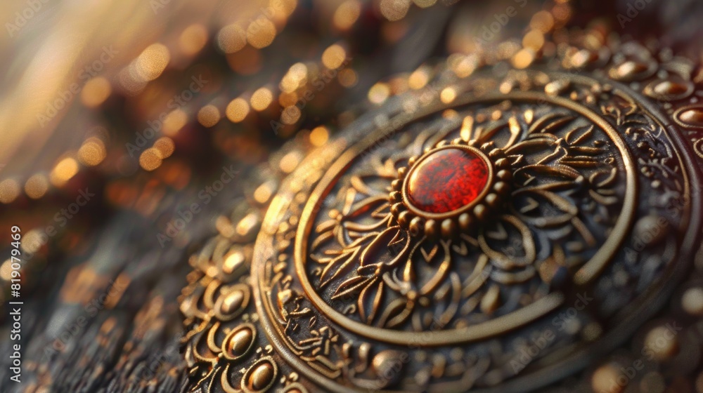 A detailed close-up of a necklace with a vibrant red stone. Perfect for jewelry stores or fashion blogs