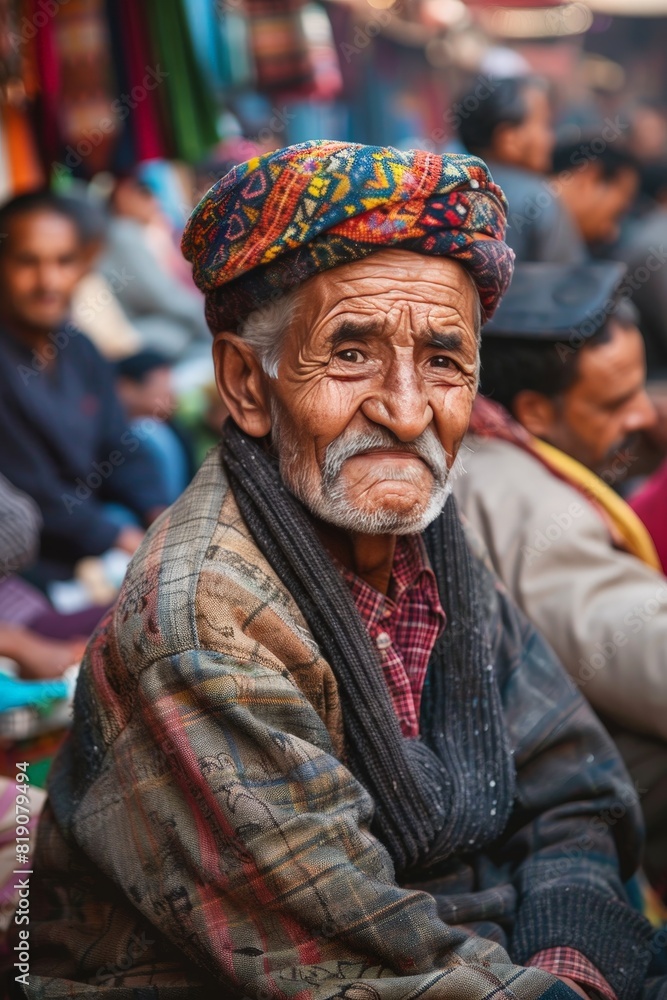 A man with a colorful turban is sitting in a crowd of people A man with a colorful turban is sitting in a crowd of people