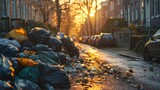 Piles of garbage bags on a street at sunrise with a row of houses.