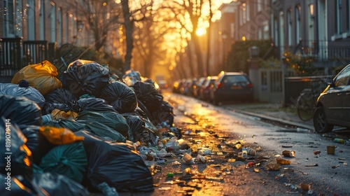 Piles of garbage bags on a street at sunrise with a row of houses. photo