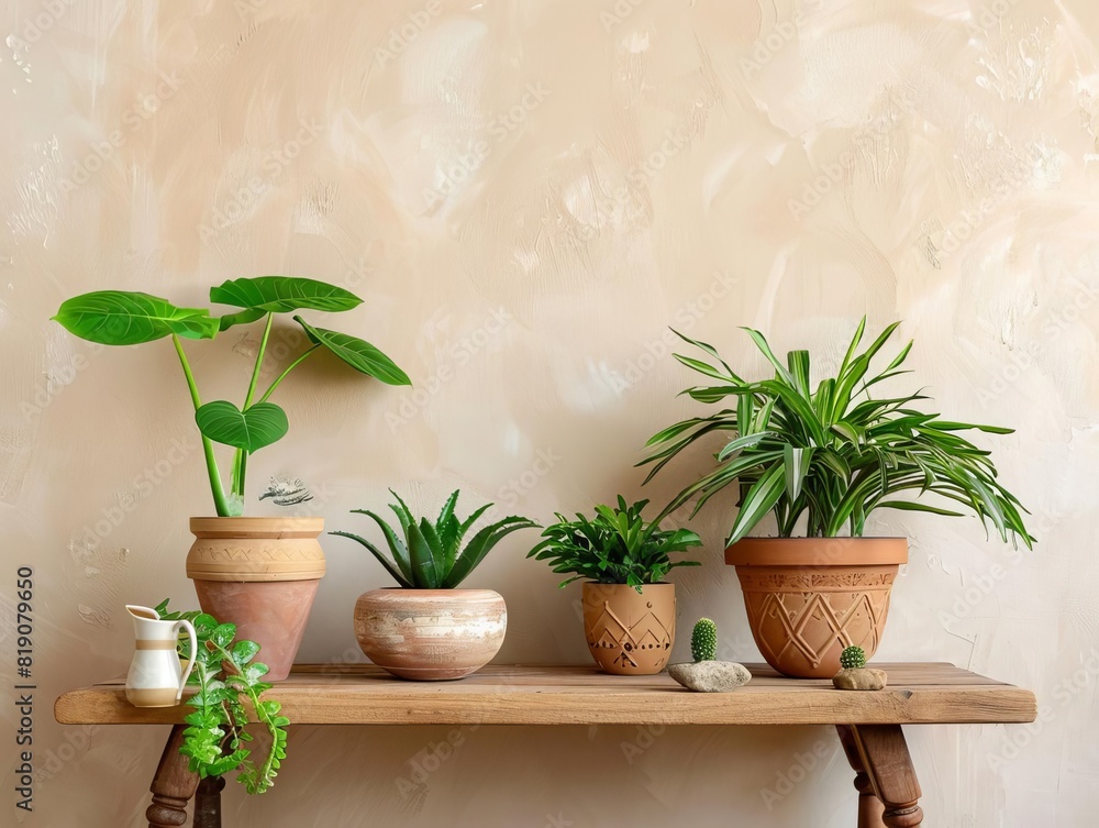 Fototapeta premium Still life with various house plants in pots on a wooden shelf against the beige wall background.