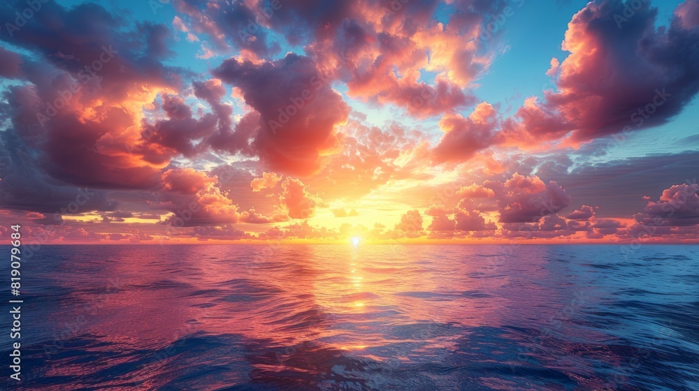 Vibrant ocean sunset with dramatic clouds and colorful sky reflecting on water.