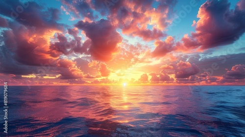 Vibrant ocean sunset with dramatic clouds and colorful sky reflecting on water.